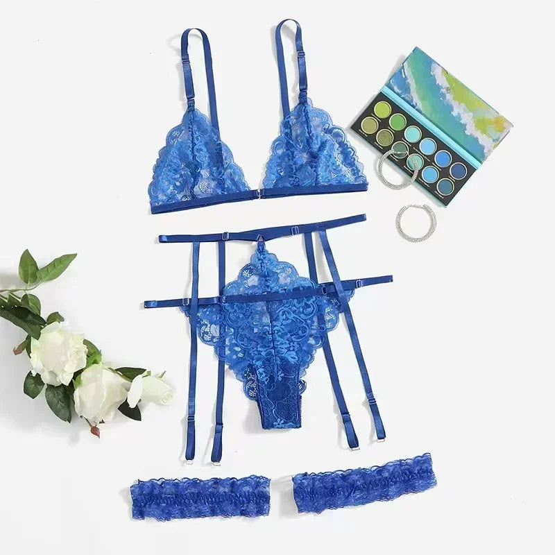 Set de Lencería 3 Piezas para Mujer – Encaje Transparente, Liguero y Diseño Sensual