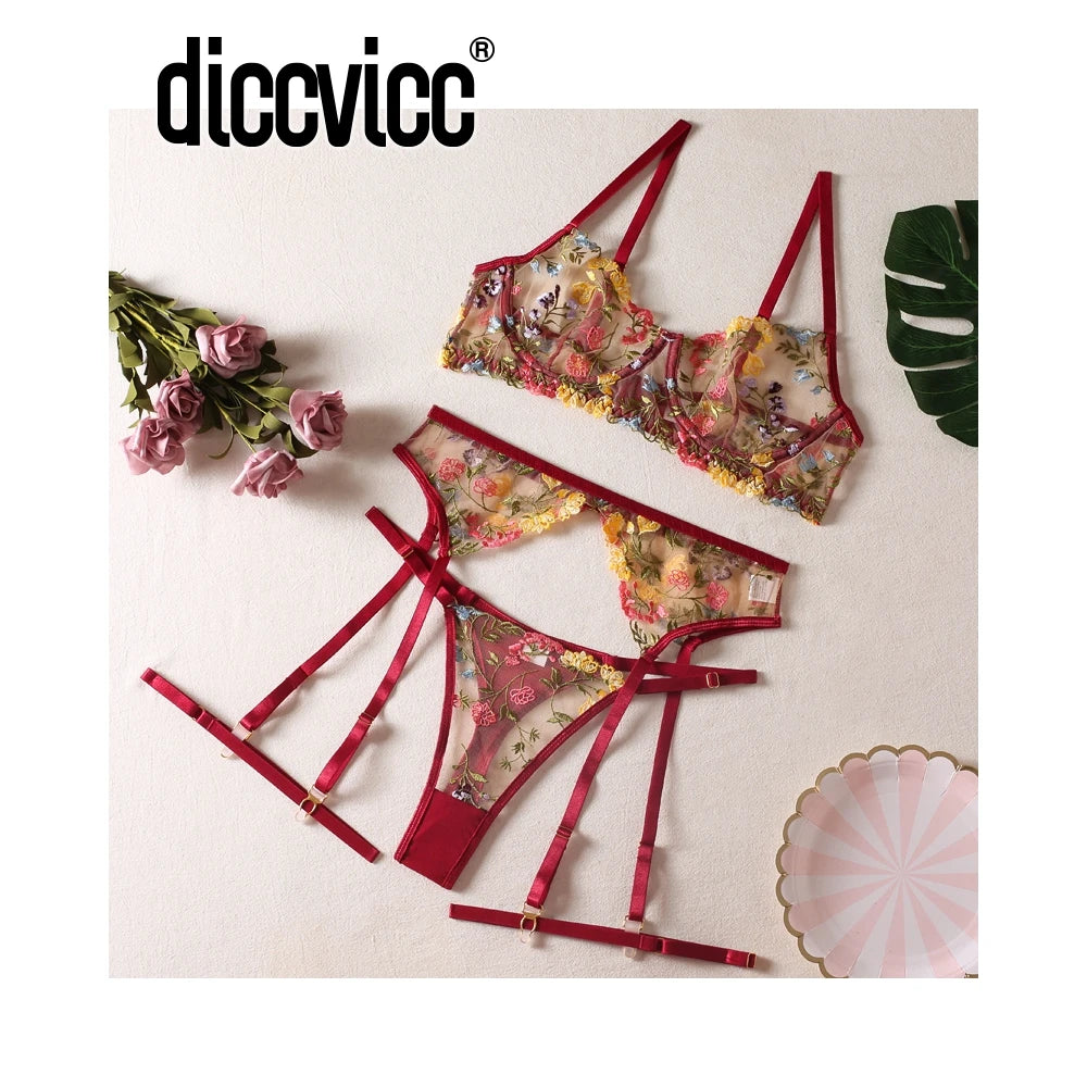 Set Lingerie Floral Glowzy™ – Conjunto Bordado Transparente con Liguero | Sexy Underwear Set