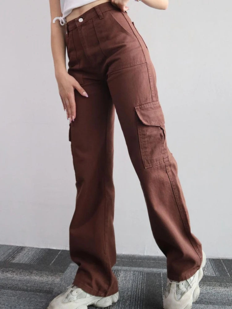 Cargo Beige Y2K – Pantalones Rectos de Bolsillos Laterales