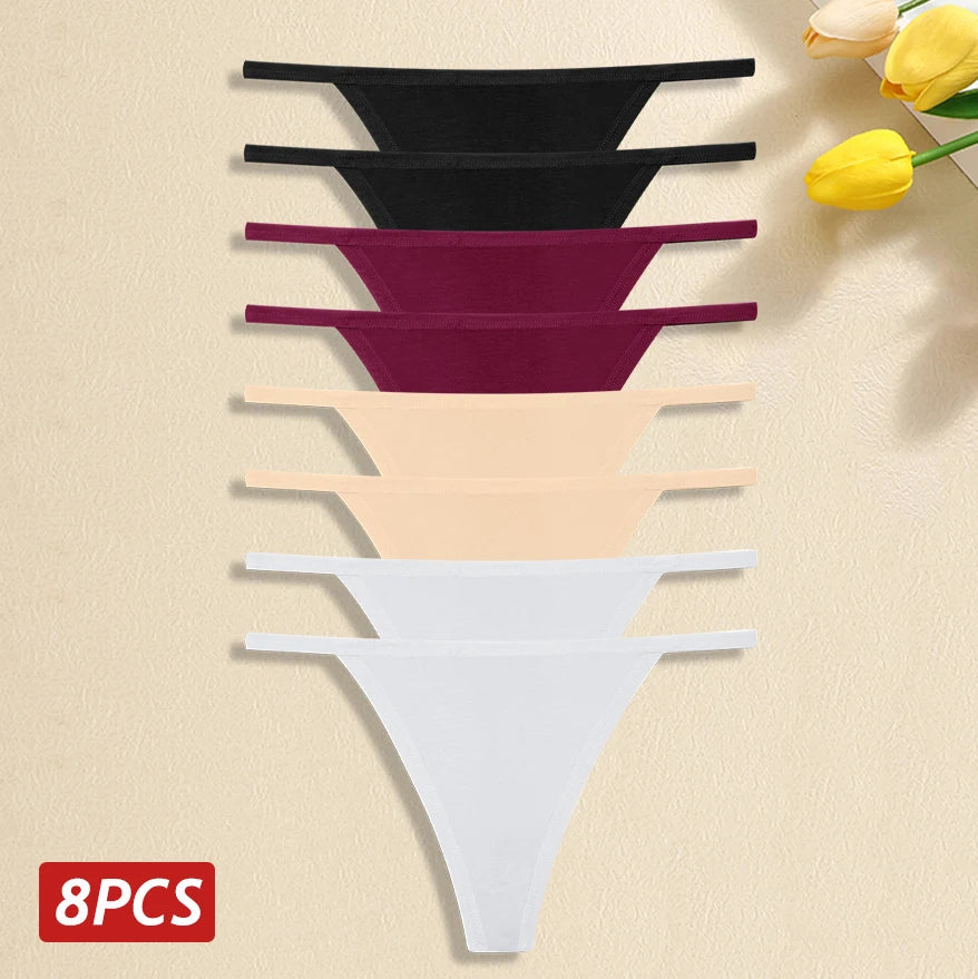 8Pcs/Set Women Cotton Panties Sexy Low Waist G-String Thong Thin Belts Female Breahtable Underwear Ladies Soild Panties Lingerie
