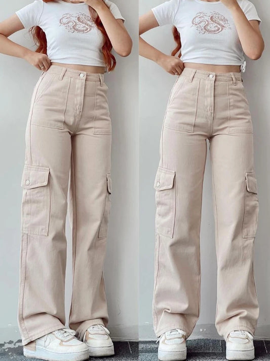 Cargo Beige Y2K – Pantalones Rectos de Bolsillos Laterales