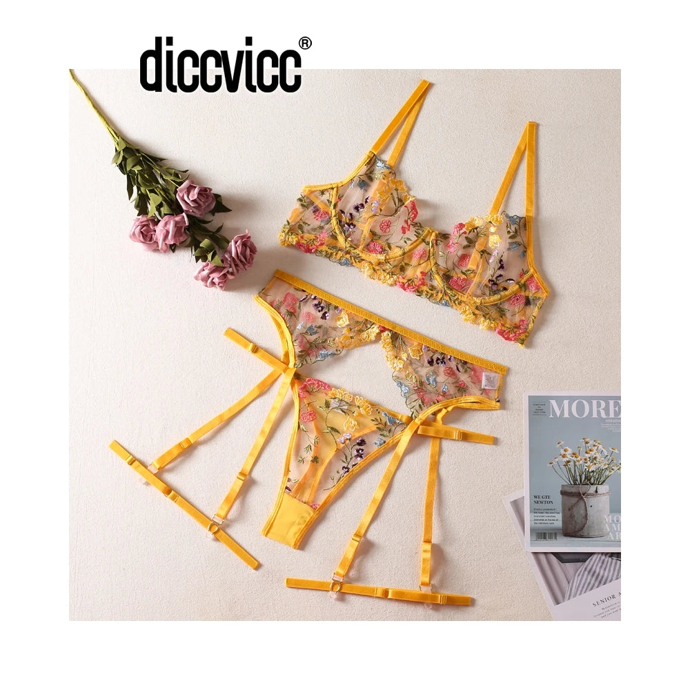 Set Lingerie Floral Glowzy™ – Conjunto Bordado Transparente con Liguero | Sexy Underwear Set