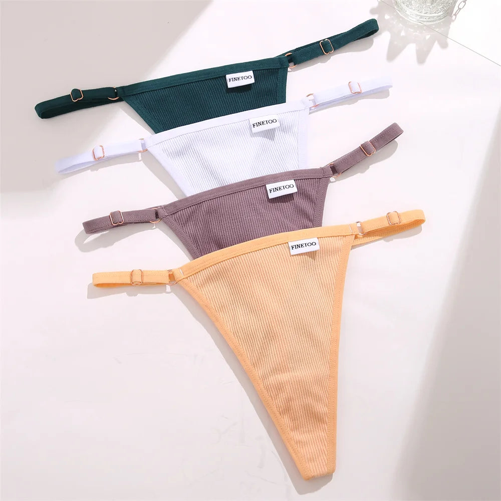 FINETOO 4pcs/set Adjustable Women's Cotton Panties Sexy Low Rise Thongs Solid Color Seamless Female Underpants Women Lingerie