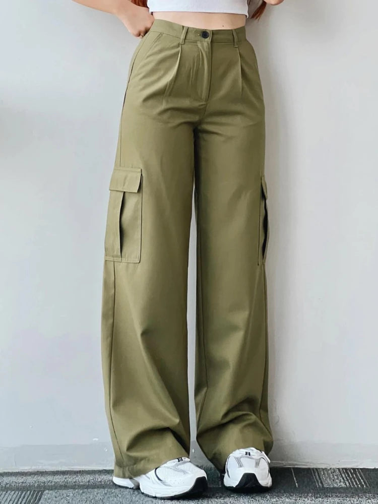 Cargo Beige Y2K – Pantalones Rectos de Bolsillos Laterales