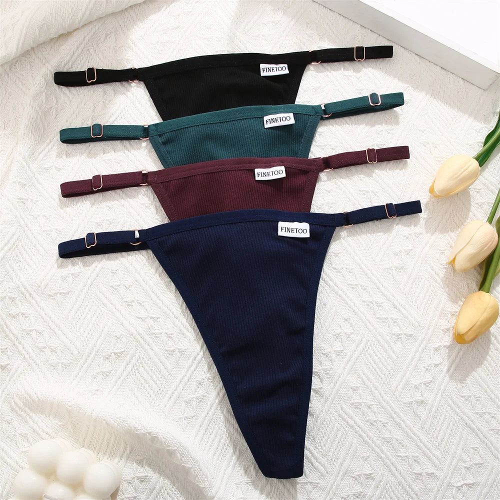 FINETOO 4pcs/set Adjustable Women's Cotton Panties Sexy Low Rise Thongs Solid Color Seamless Female Underpants Women Lingerie