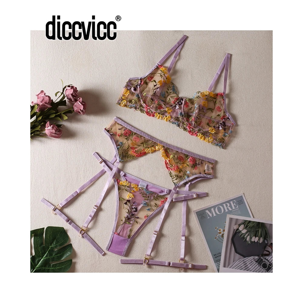 Set Lingerie Floral Glowzy™ – Conjunto Bordado Transparente con Liguero | Sexy Underwear Set