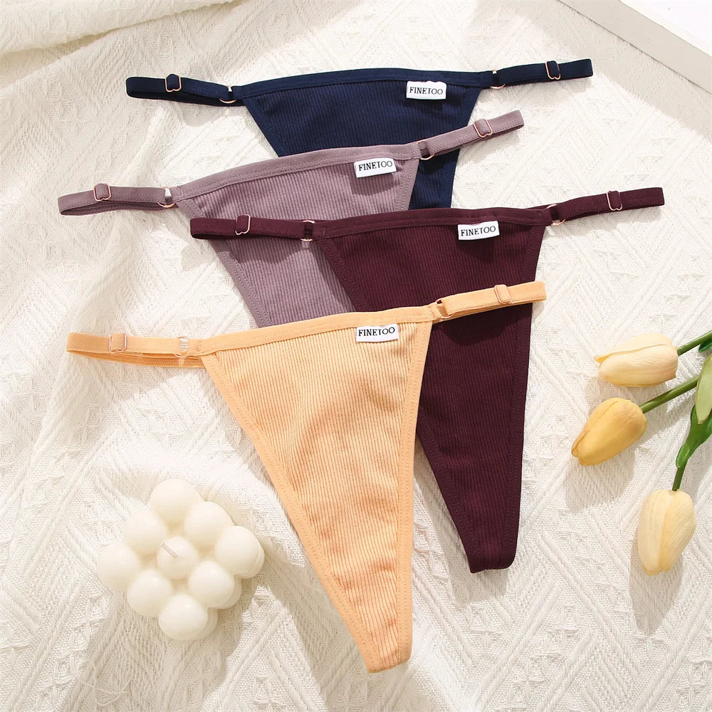 FINETOO 4pcs/set Adjustable Women's Cotton Panties Sexy Low Rise Thongs Solid Color Seamless Female Underpants Women Lingerie