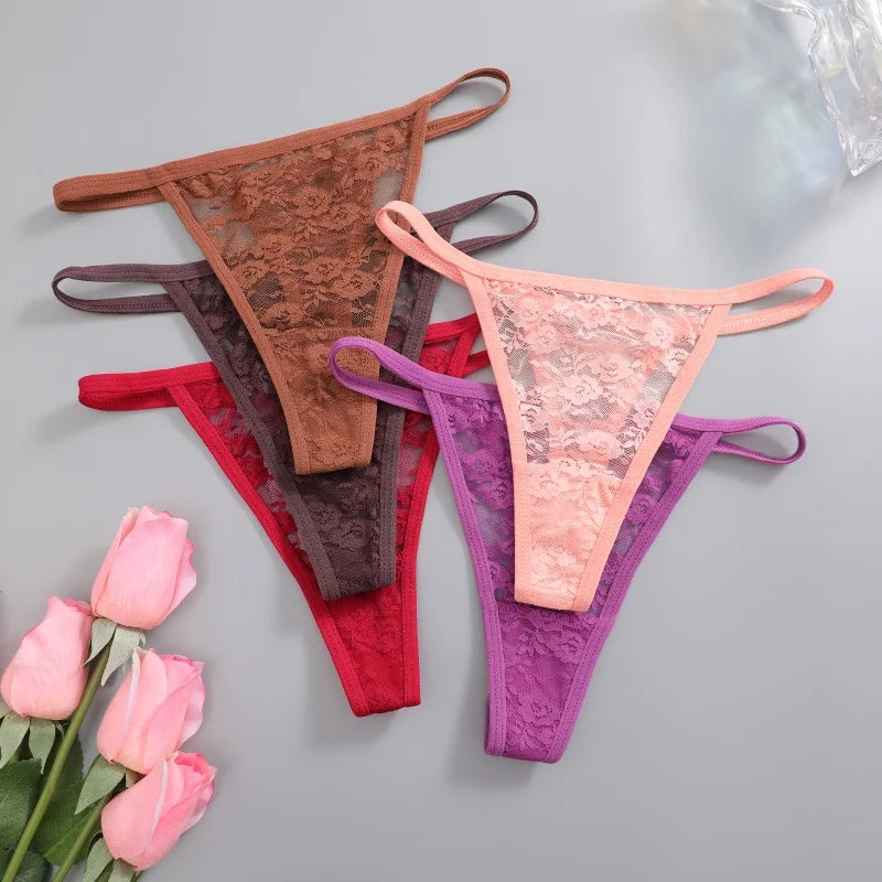 7Pcs/Set Women's Sexy Lace Transparents G-Strings Underwear Summer Solid Color Lace Floral Thongs Female Low Waist Sexy Lingerie