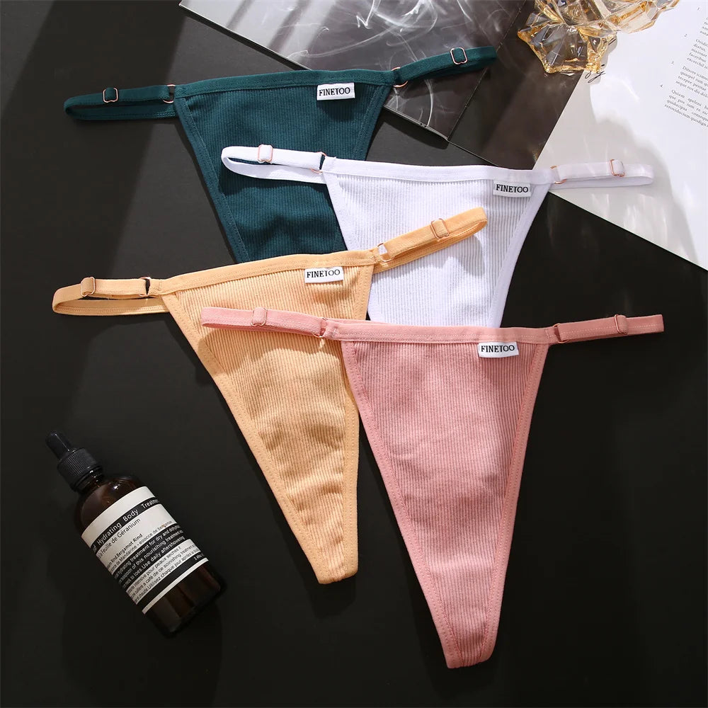 FINETOO 4pcs/set Adjustable Women's Cotton Panties Sexy Low Rise Thongs Solid Color Seamless Female Underpants Women Lingerie
