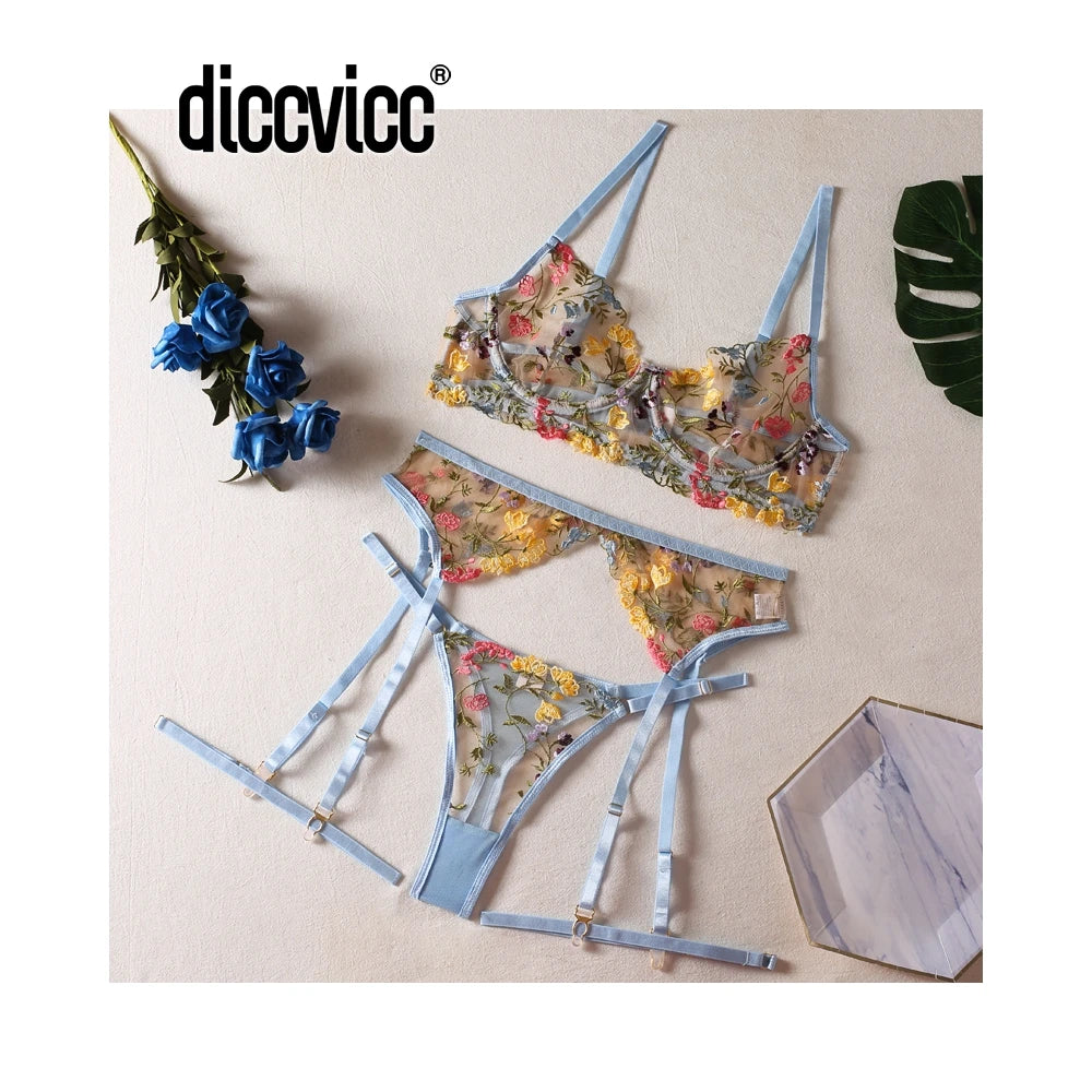 Set Lingerie Floral Glowzy™ – Conjunto Bordado Transparente con Liguero | Sexy Underwear Set