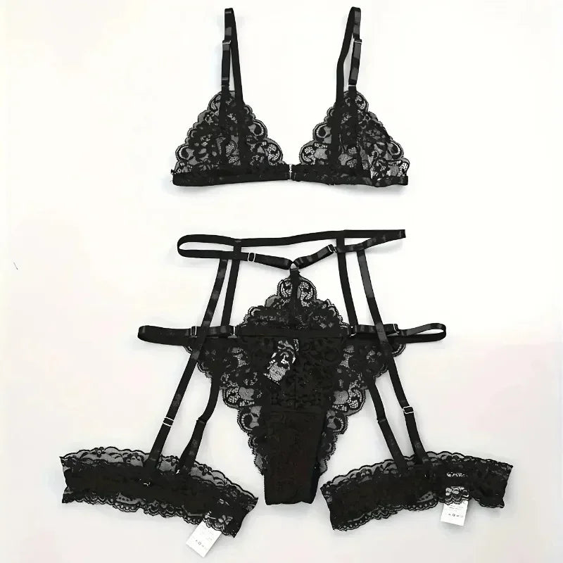 Set de Lencería 3 Piezas para Mujer – Encaje Transparente, Liguero y Diseño Sensual