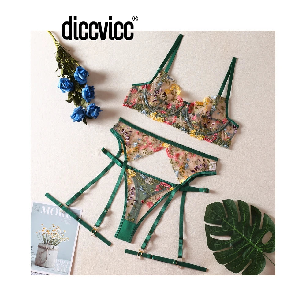 Set Lingerie Floral Glowzy™ – Conjunto Bordado Transparente con Liguero | Sexy Underwear Set
