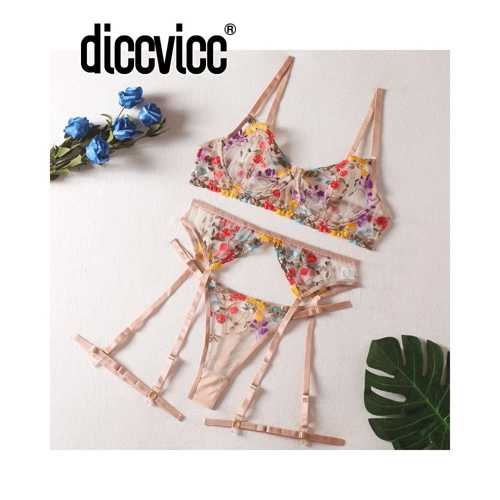 Set Lingerie Floral Glowzy™ – Conjunto Bordado Transparente con Liguero | Sexy Underwear Set