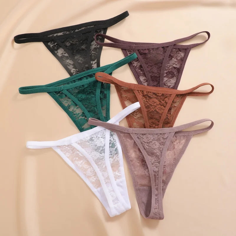 7Pcs/Set Women's Sexy Lace Transparents G-Strings Underwear Summer Solid Color Lace Floral Thongs Female Low Waist Sexy Lingerie