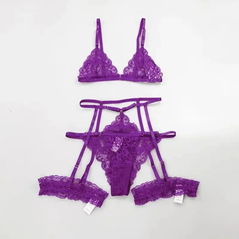 Set de Lencería 3 Piezas para Mujer – Encaje Transparente, Liguero y Diseño Sensual