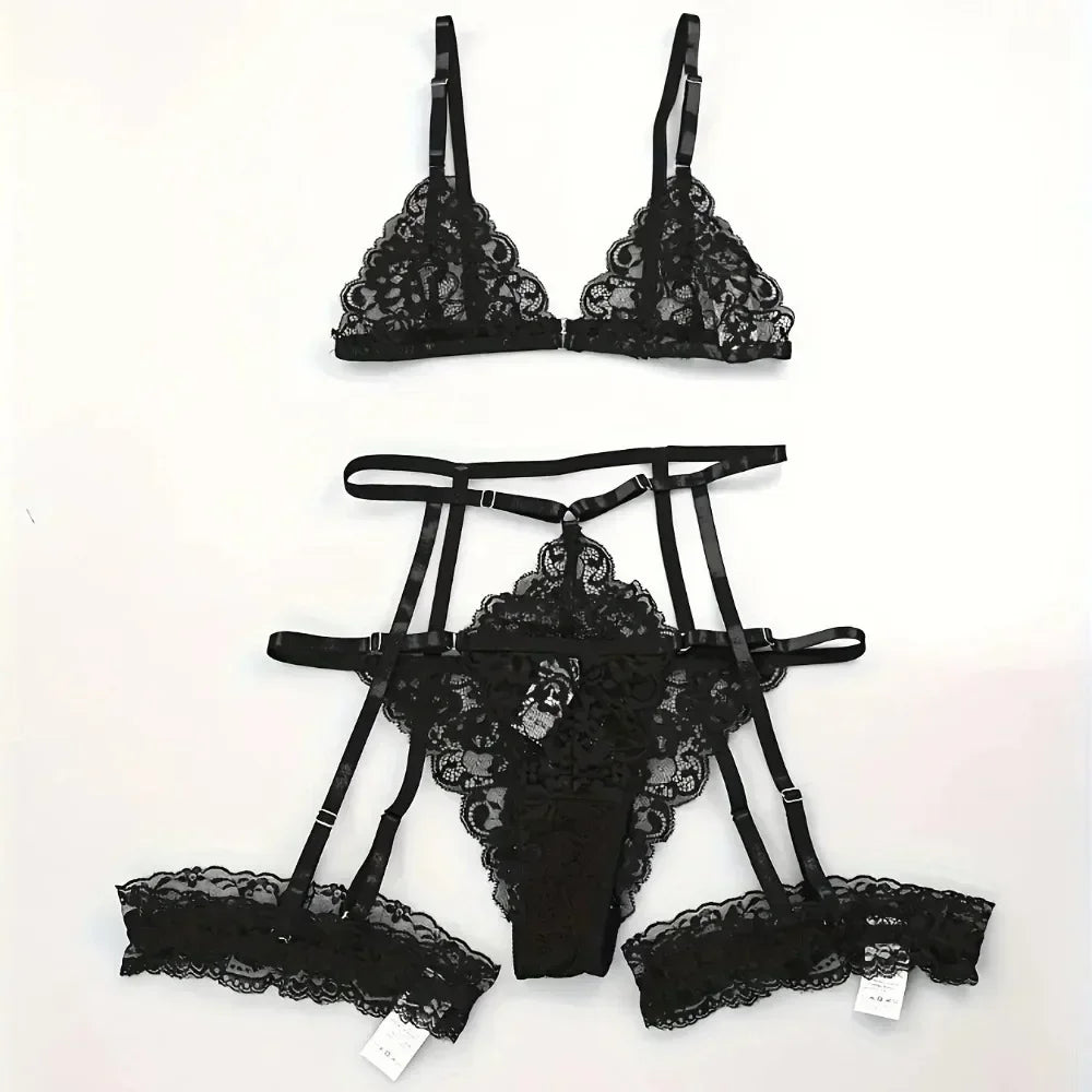 Set de Lencería 3 Piezas para Mujer – Encaje Transparente, Liguero y Diseño Sensual