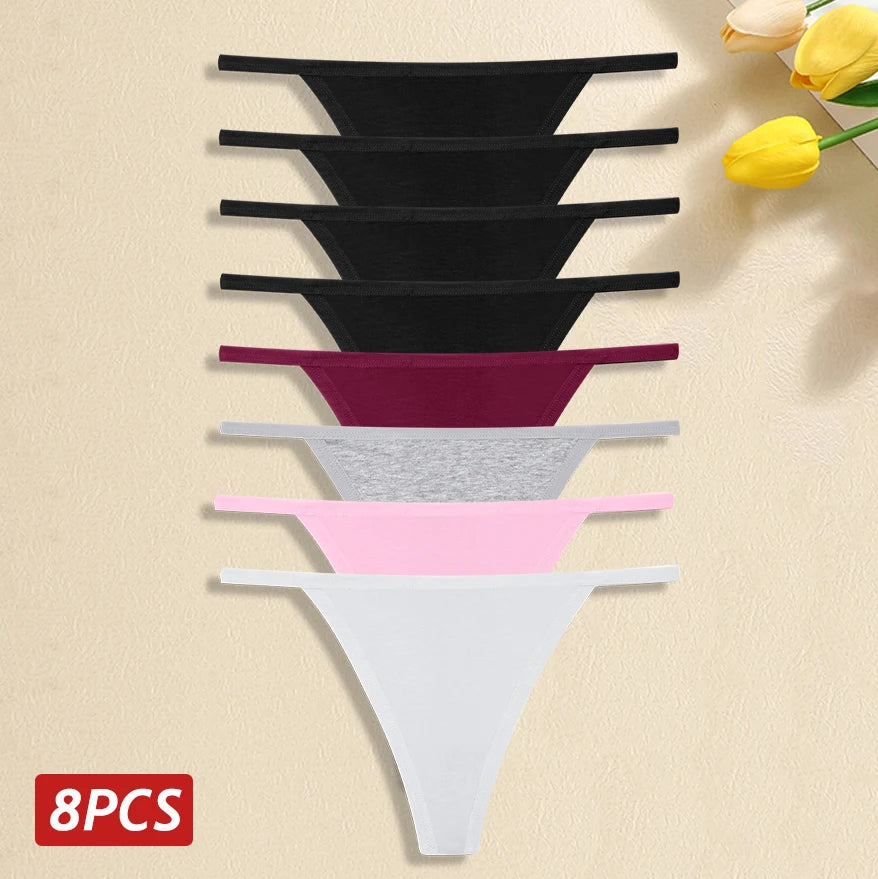 8Pcs/Set Women Cotton Panties Sexy Low Waist G-String Thong Thin Belts Female Breahtable Underwear Ladies Soild Panties Lingerie