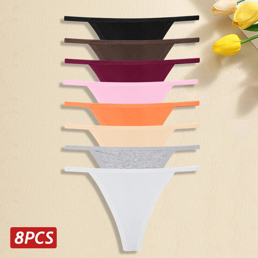 8Pcs/Set Women Cotton Panties Sexy Low Waist G-String Thong Thin Belts Female Breahtable Underwear Ladies Soild Panties Lingerie