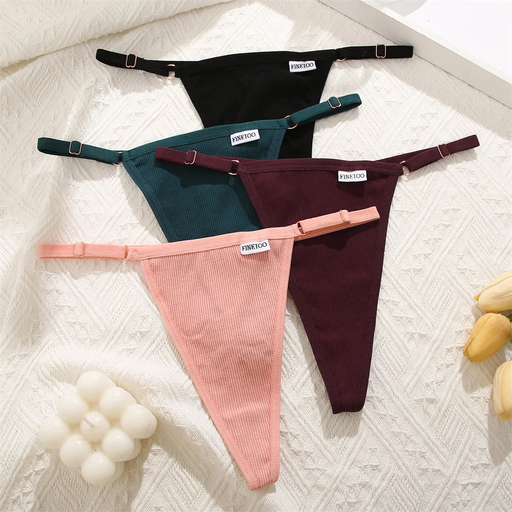 FINETOO 4pcs/set Adjustable Women's Cotton Panties Sexy Low Rise Thongs Solid Color Seamless Female Underpants Women Lingerie