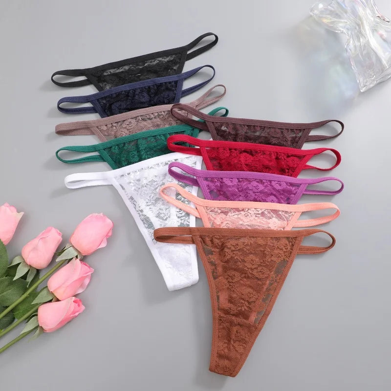 7Pcs/Set Women's Sexy Lace Transparents G-Strings Underwear Summer Solid Color Lace Floral Thongs Female Low Waist Sexy Lingerie