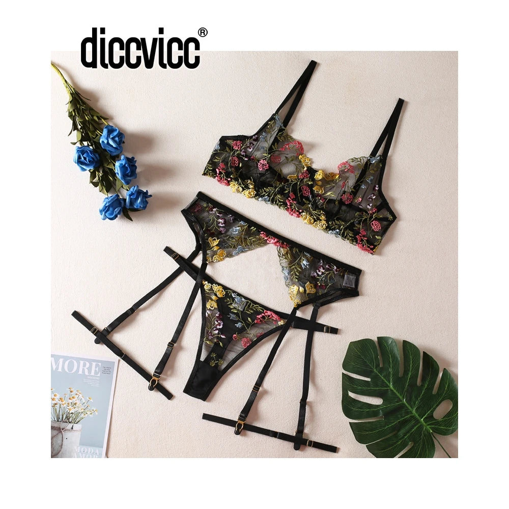 Set Lingerie Floral Glowzy™ – Conjunto Bordado Transparente con Liguero | Sexy Underwear Set