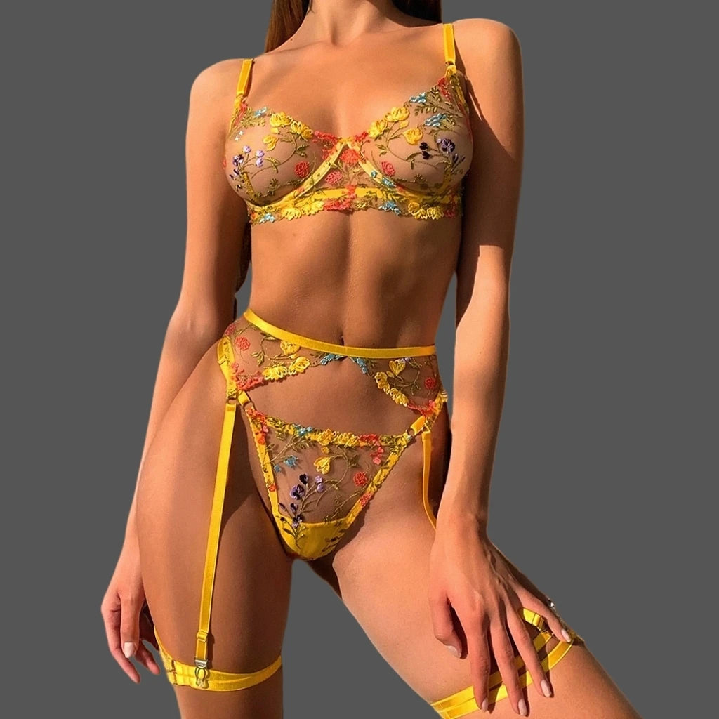 Set Lingerie Floral Glowzy™ – Conjunto Bordado Transparente con Liguero | Sexy Underwear Set