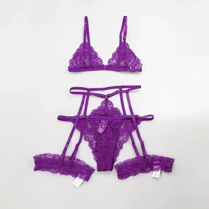 Set de Lencería 3 Piezas para Mujer – Encaje Transparente, Liguero y Diseño Sensual