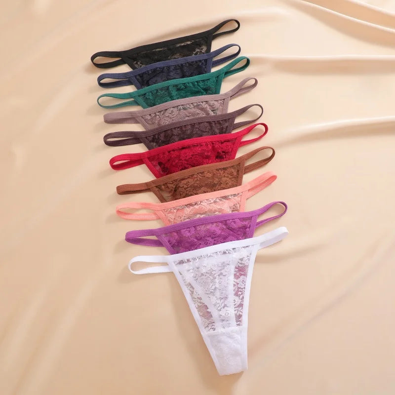 7Pcs/Set Women's Sexy Lace Transparents G-Strings Underwear Summer Solid Color Lace Floral Thongs Female Low Waist Sexy Lingerie